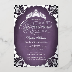 Paarse zilveren elegante script roos Quinceanera Folie Uitnodiging