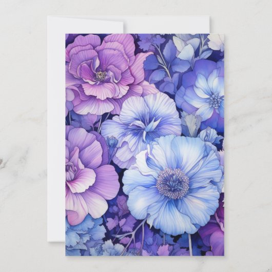 Paarse, zilveren en blauwe bloemenbruiloft kaart (Achterkant)