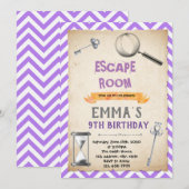 Paarse zilveren escape room verjaardagsfeestje kaart (Voorkant / Achterkant)