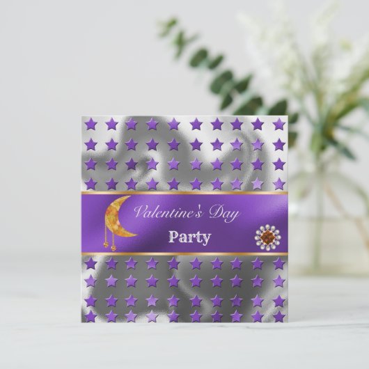 Paarse Zilveren Folie Glitter Oranje Maan Valentij Kaart (Staand voorkant)