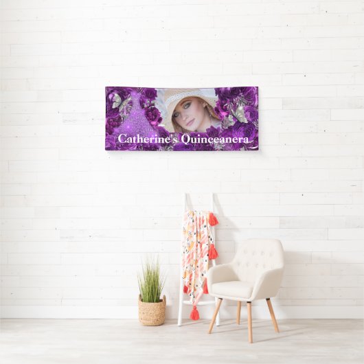 Paarse zilveren foto van glitter butterfly quincea spandoek (Insitu)