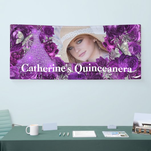 Paarse zilveren foto van glitter butterfly quincea spandoek (Beurs)