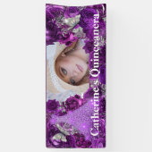 Paarse zilveren foto van glitter butterfly quincea spandoek (Verticaal)