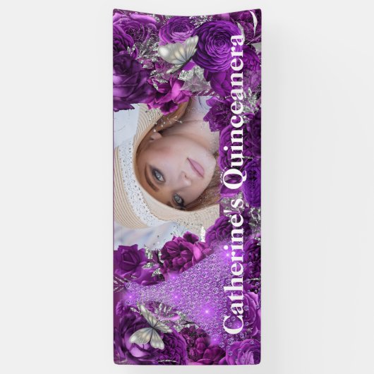 Paarse zilveren foto van glitter butterfly quincea spandoek (Verticaal)