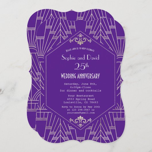 Paarse Zilveren Gatsby Huwelijksjubileum Kaart (Voorkant / Achterkant)