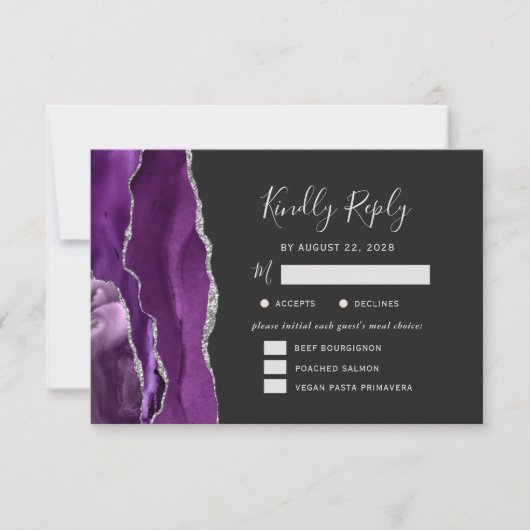 Paarse zilveren geagate maaltijdopties donkere bru RSVP kaartje (Voorkant)