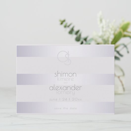 Paarse Zilveren Glans Strepen Monogram2 Save The Date (Staand voorkant)