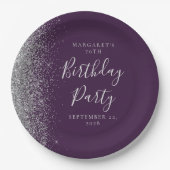 Paarse zilveren glitter 70e verjaardag papieren bordje (Voorkant)