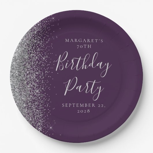 Paarse zilveren glitter 70e verjaardag papieren bordje (Voorkant)