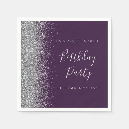 Paarse zilveren glitter 70e verjaardag servet (Voorkant)