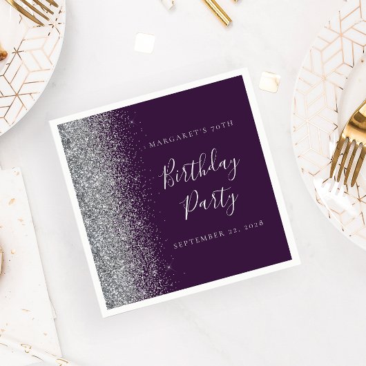Paarse zilveren glitter 70e verjaardag servet