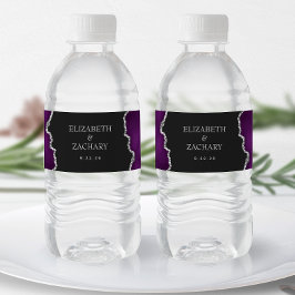 Paarse Zilveren Glitter Agate Donkere Bruiloft Waterfles Etiket