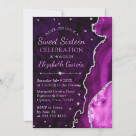 Paarse & Zilveren Glitter Agate marmer Sweet 16 Kaart