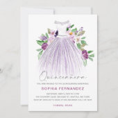 Paarse zilveren glitter bloemenjurk quinceañera kaart (Voorkant)