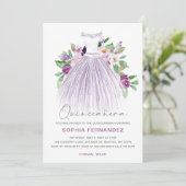 Paarse zilveren glitter bloemenjurk quinceañera kaart (Staand voorkant)