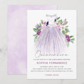 Paarse zilveren glitter bloemenjurk quinceañera kaart (Voorkant / Achterkant)