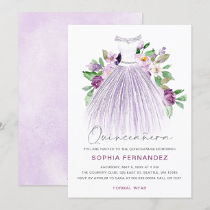 Paarse zilveren glitter bloemenjurk quinceañera kaart