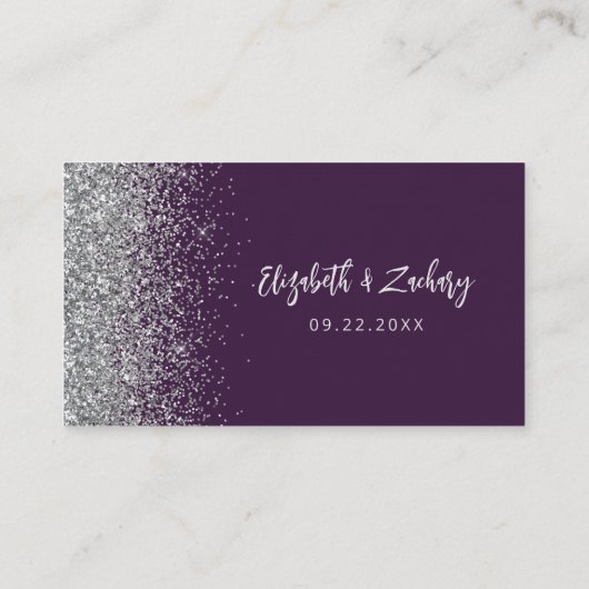 Paarse zilveren glitter bruiloft plaatskaartje (Achterkant)