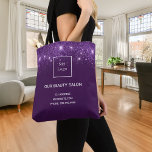 Paarse zilveren glitter business logo schoonheidss tote bag<br><div class="desc">Een stijlvolle paarse achtergrond met faux zilveren glitterstof. Pas uw zaken,  bedrijf logo,  naam en contactinformatie aan en voeg deze toe.</div>