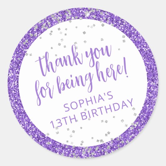Paarse Zilveren Glitter Confetti Dank Je Ronde Sticker (Voorkant)