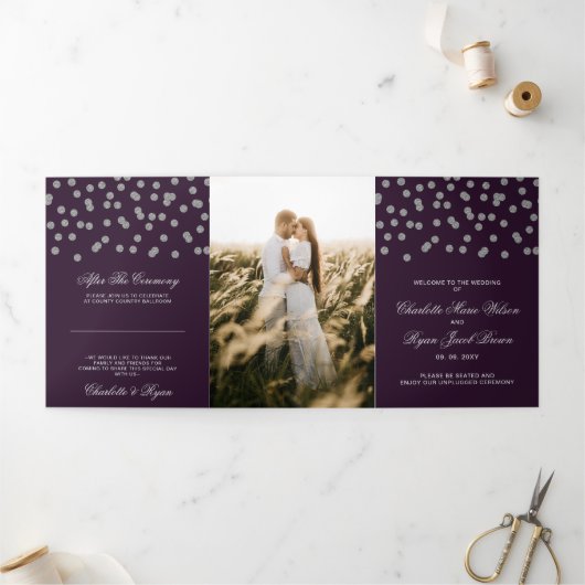 Paarse zilveren glitter Confetti foto bruiloft Drieluik Programma (Buitenkant)