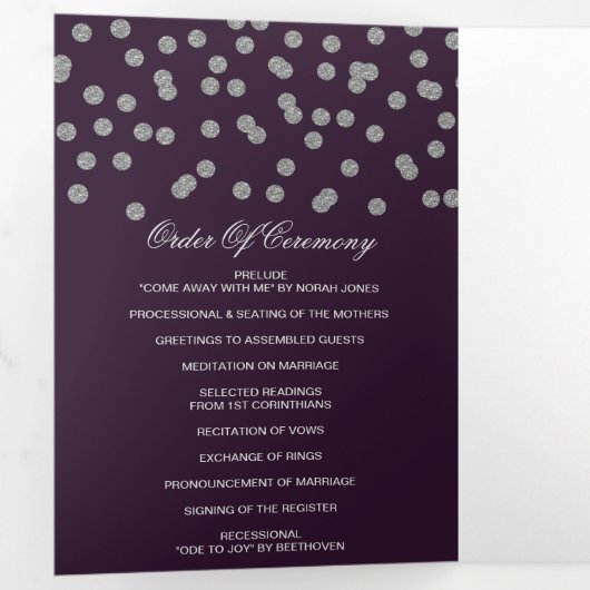Paarse zilveren glitter Confetti foto bruiloft Drieluik Programma (Binnenzijde eerst)