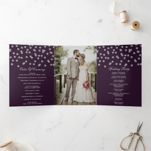 Paarse zilveren glitter Confetti foto bruiloft Drieluik Programma (Binnen)