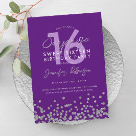 Paarse zilveren glitter Confetti Surprise Sweet 16 Kaart