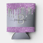Paarse zilveren glitter-dribbelpartij monogram blikjeskoeler (Voorkant)