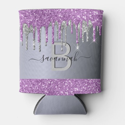 Paarse zilveren glitter-dribbelpartij monogram blikjeskoeler (Voorkant)