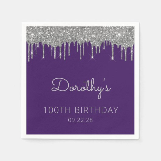 Paarse Zilveren Glitter Drip 100ste Verjaardagsfee Servet (Voorkant)