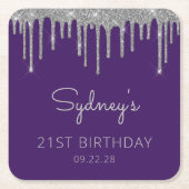 Paarse Zilveren Glitter Drip 21ste Verjaardagsfees Kartonnen Onderzetters (Voorkant)