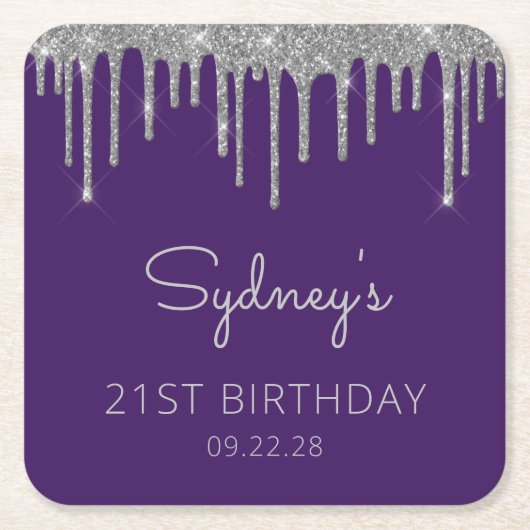 Paarse Zilveren Glitter Drip 21ste Verjaardagsfees Kartonnen Onderzetters (Voorkant)