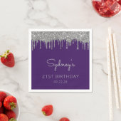 Paarse Zilveren Glitter Drip 21ste Verjaardagsfees Servet (Insitu)