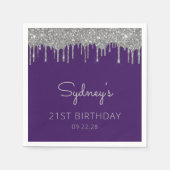 Paarse Zilveren Glitter Drip 21ste Verjaardagsfees Servet (Voorkant)