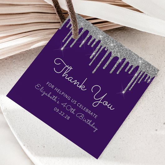 Paarse Zilveren Glitter Drip 40ste Verjaardagsfees Bedankjes Labels