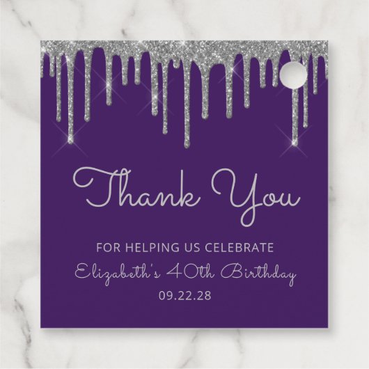 Paarse Zilveren Glitter Drip 40ste Verjaardagsfees Bedankjes Labels (Achterkant)