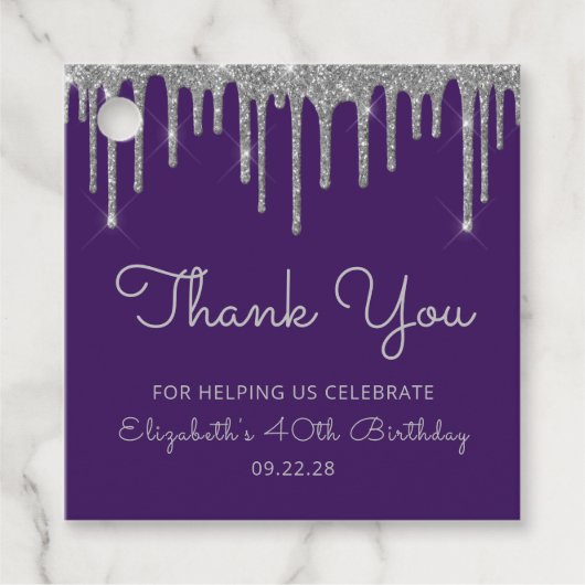 Paarse Zilveren Glitter Drip 40ste Verjaardagsfees Bedankjes Labels (Voorkant)