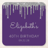 Paarse Zilveren Glitter Drip 40ste Verjaardagsfees Kartonnen Onderzetters (Voorkant)