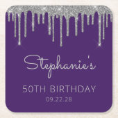 Paarse Zilveren Glitter Drip 40ste Verjaardagsfees Kartonnen Onderzetters (Voorkant)