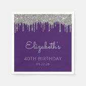 Paarse Zilveren Glitter Drip 40ste Verjaardagsfees Servet (Voorkant)