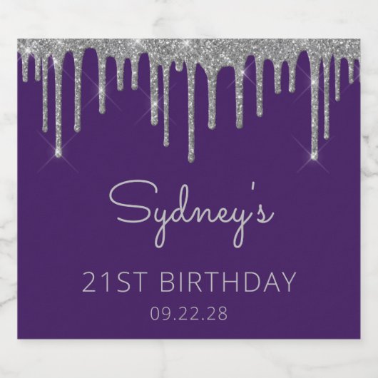 Paarse Zilveren Glitter Drip 40ste Verjaardagsfees Sparkling Wijnetiket (Enkel label)