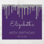 Paarse Zilveren Glitter Drip 40ste Verjaardagsfees Sparkling Wijnetiket (Enkel label)