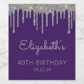 Paarse Zilveren Glitter Drip 40ste Verjaardagsfees Wijn Etiket (Enkel label)