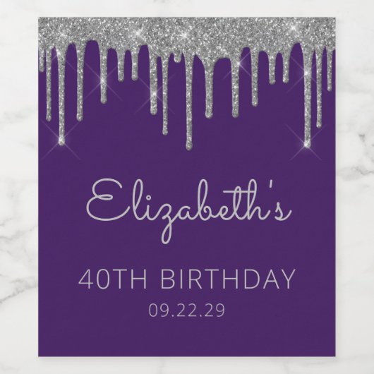 Paarse Zilveren Glitter Drip 40ste Verjaardagsfees Wijn Etiket (Enkel label)
