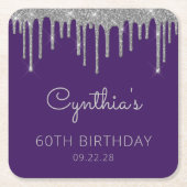 Paarse Zilveren Glitter Drip 60ste Verjaardagsfees Kartonnen Onderzetters (Voorkant)
