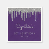 Paarse Zilveren Glitter Drip 60ste Verjaardagsfees Servet (Voorkant)