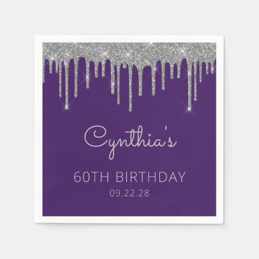 Paarse Zilveren Glitter Drip 60ste Verjaardagsfees Servet (Voorkant)