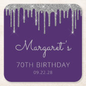 Paarse zilveren glitter drip 70ste verjaardagsfees kartonnen onderzetters (Voorkant)