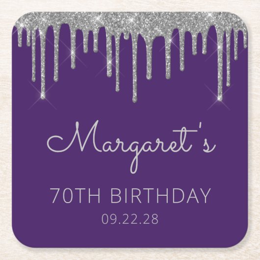 Paarse zilveren glitter drip 70ste verjaardagsfees kartonnen onderzetters (Voorkant)